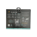 The back of a Cellular Flex-M2 product box, featuring specifications, features, and a QR code on a black background with a teal bottom border.