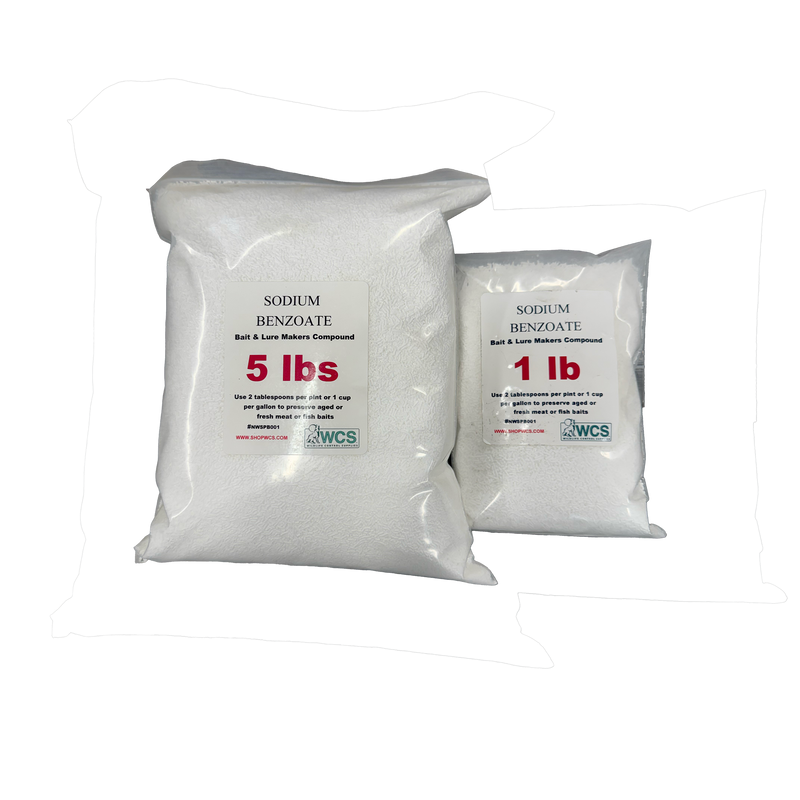 Bags of WCS Sodium Benzoate in 5lb and 1lb sizes