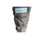 Close-up of a brown utility pocket with a light blue brand label reading 'BLACK WATER TRAPPING SUPPLY CO.' on a white background.